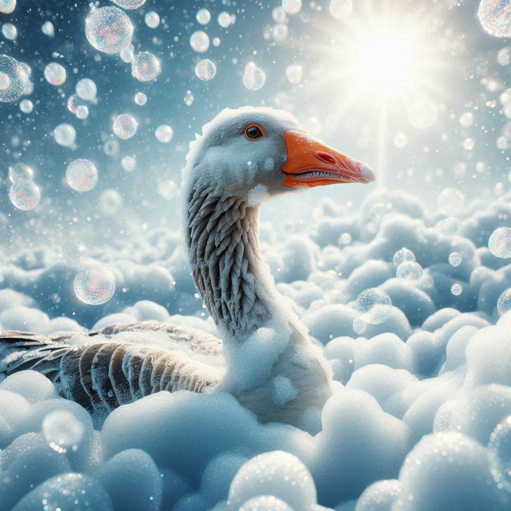 A goose playing in a foam party. AI generated